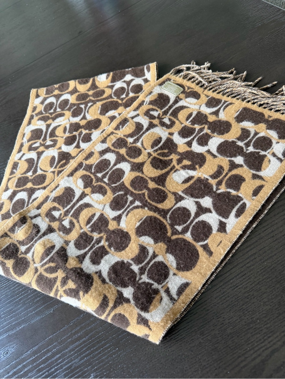 NWT Coach Signature C Merino Wool Cashmere Fringe Scarf Brown Tan
